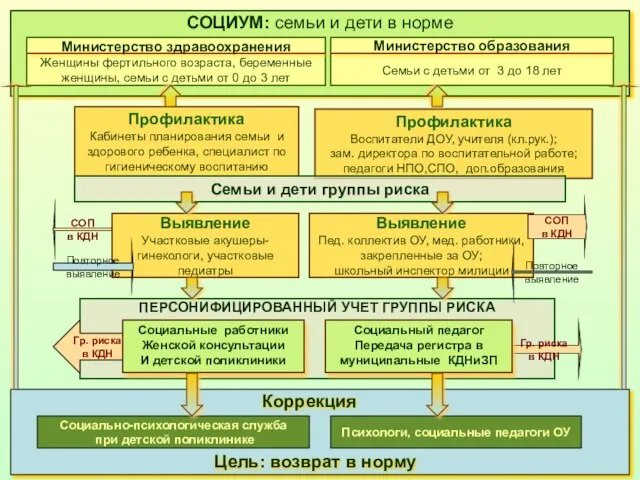 ПЕРСОНИФИЦИРОВАННЫЙ УЧЕТ ГРУППЫ РИСКА Профилактика Воспитатели ДОУ, учителя (кл.рук.); зам. директора по