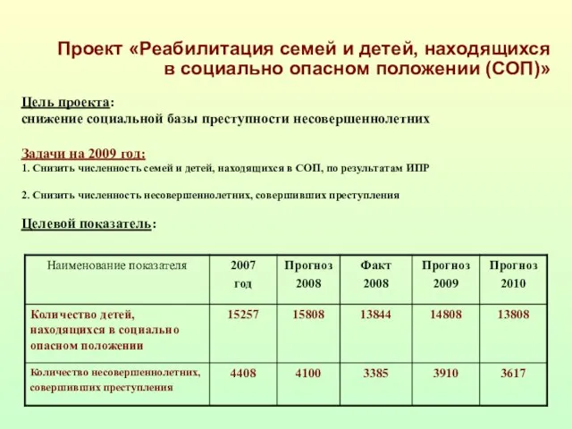 Проект «Реабилитация семей и детей, находящихся в социально опасном положении (СОП)» Цель