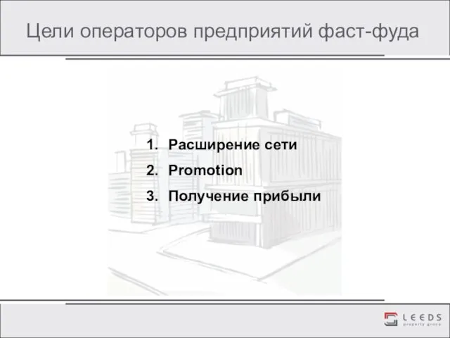 Цели операторов предприятий фаст-фуда Расширение сети Promotion Получение прибыли