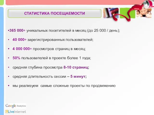 СТАТИСТИКА ПОСЕЩАЕМОСТИ 365 000+ уникальных посетителей в месяц (до 25 000 /