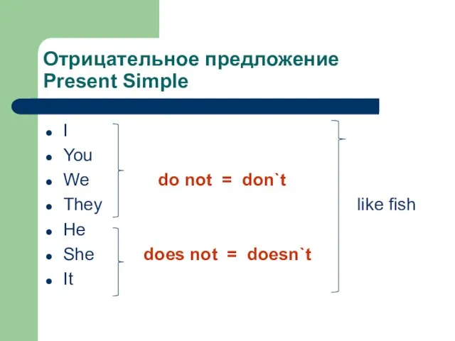 Отрицательное предложение Present Simple I You We do not = don`t They