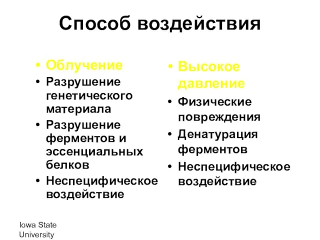 Iowa State University Способ воздействия Облучение Разрушение генетического материала Разрушение ферментов и