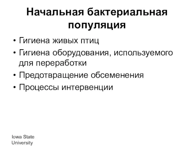 Iowa State University Начальная бактериальная популяция Гигиена живых птиц Гигиена оборудования, используемого