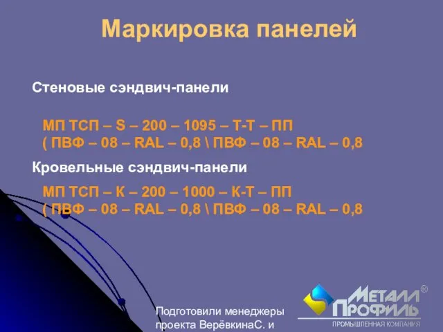 Подготовили менеджеры проекта ВерёвкинаС. и Лебедев М. Маркировка панелей Стеновые сэндвич-панели Кровельные