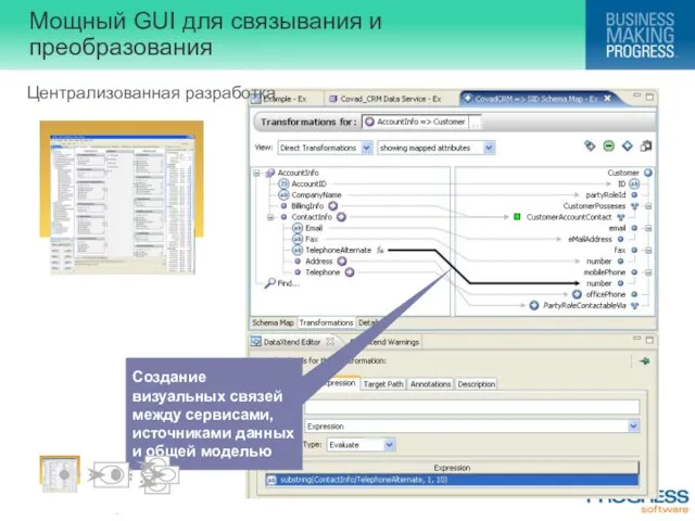 Мощный GUI для связывания и преобразования Централизованная разработка Создание визуальных связей между