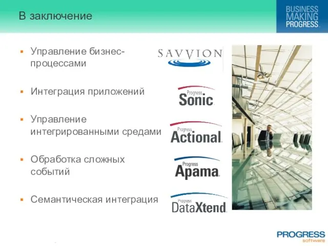 В заключение Управление бизнес-процессами Интеграция приложений Управление интегрированными средами Обработка сложных событий Семантическая интеграция