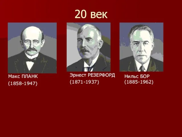 20 век Макс ПЛАНК (1858-1947) Эрнест РЕЗЕРФОРД (1871-1937) Нильс БОР (1885-1962)