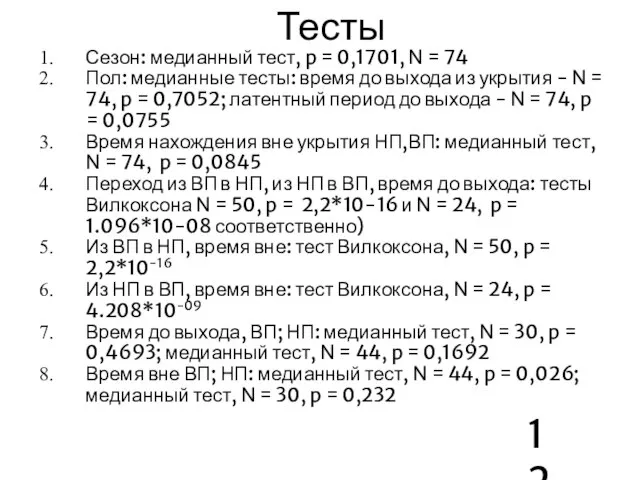 Тесты Сезон: медианный тест, p = 0,1701, N = 74 Пол: медианные