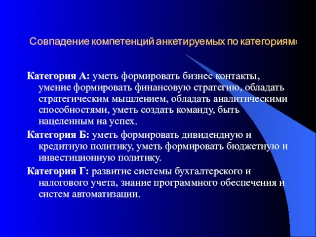 Совпадение компетенций анкетируемых по категориям: Категория А: уметь формировать бизнес контакты, умение