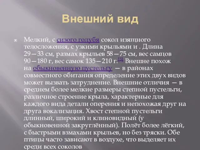 Внешний вид Мелкий, с сизого голубя сокол изящного телосложения, с узкими крыльями