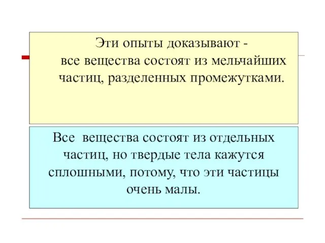 Эти опыты доказывают - все вещества состоят из мельчайших частиц, разделенных промежутками.