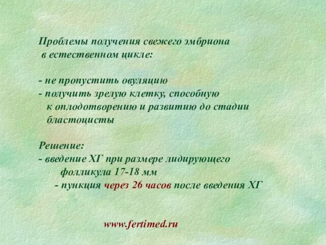 Проблемы получения свежего эмбриона в естественном цикле: - не пропустить овуляцию -