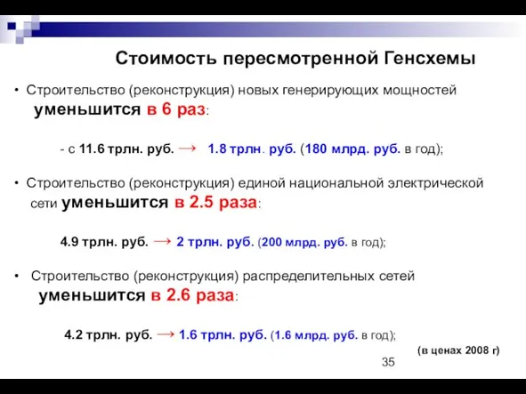 Стоимость пересмотренной Генсхемы Строительство (реконструкция) новых генерирующих мощностей уменьшится в 6 раз: