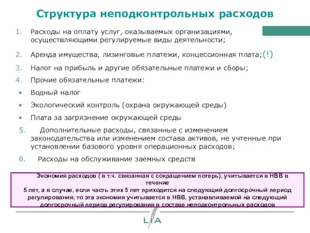 Структура неподконтрольных расходов Расходы на оплату услуг, оказываемых организациями, осуществляющими регулируемые виды