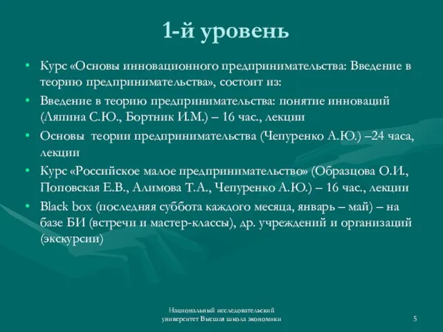 1-й уровень Курс «Основы инновационного предпринимательства: Введение в теорию предпринимательства», состоит из: