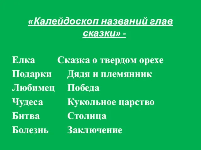 «Калейдоскоп названий глав сказки» - Елка Сказка о твердом орехе Подарки Дядя