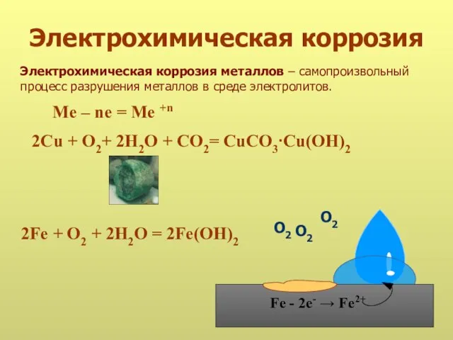 Электрохимическая коррозия Электрохимическая коррозия металлов – самопроизвольный процесс разрушения металлов в среде