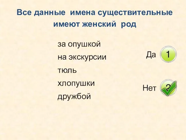 Все данные имена существительные имеют женский род за опушкой на экскурсии тюль хлопушки дружбой