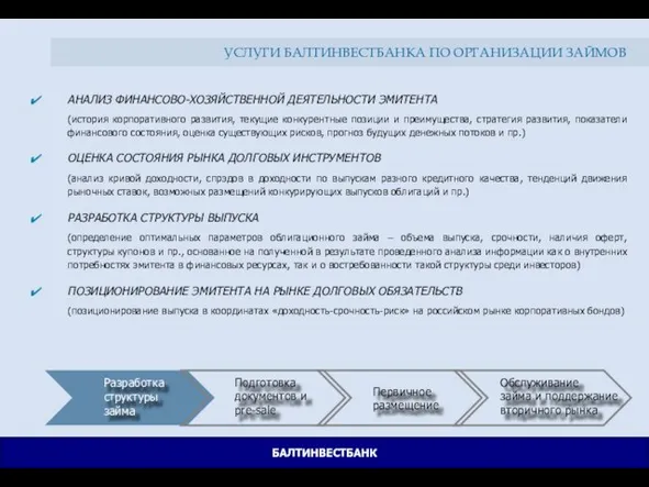 Разработка структуры займа Подготовка документов и pre-sale Первичное размещение Обслуживание займа и