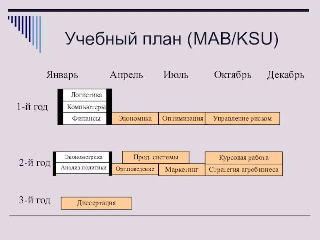 Учебный план (MAB/KSU) Стратегия агробизнеса Логистика Компьютеры Финансы Оптимизация Диссертация Январь Апрель.