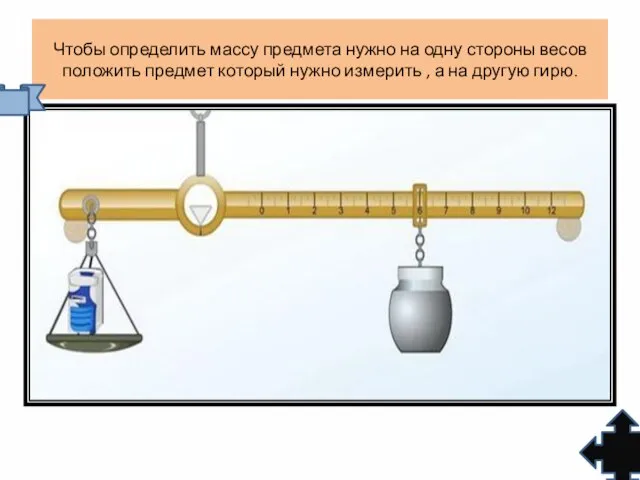 Чтобы определить массу предмета нужно на одну стороны весов положить предмет который