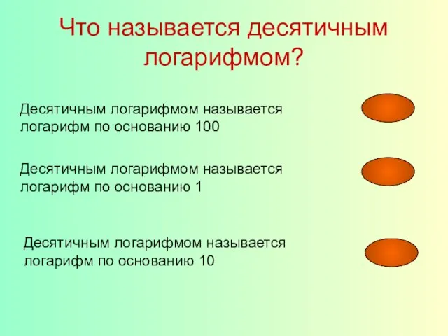 Что называется десятичным логарифмом? Десятичным логарифмом называется логарифм по основанию 100 Десятичным