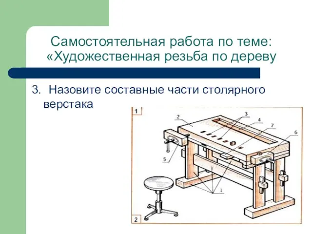 Самостоятельная работа по теме: «Художественная резьба по дереву 3. Назовите составные части столярного верстака