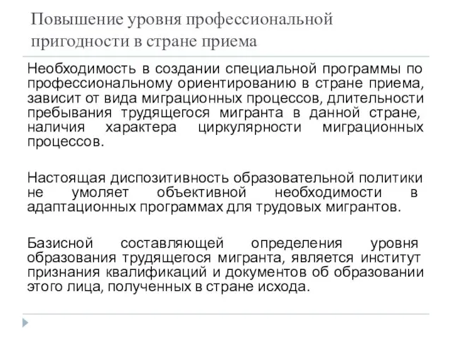 Повышение уровня профессиональной пригодности в стране приема Необходимость в создании специальной программы