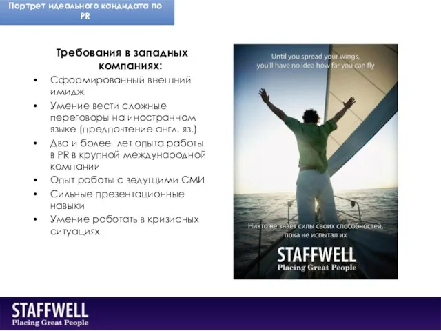 Портрет идеального кандидата по PR Требования в западных компаниях: Сформированный внешний имидж