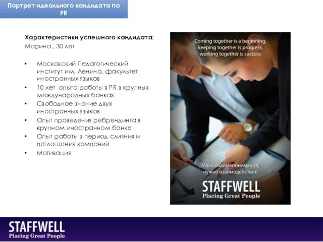 Портрет идеального кандидата по PR Характеристики успешного кандидата: Марина , 30 лет