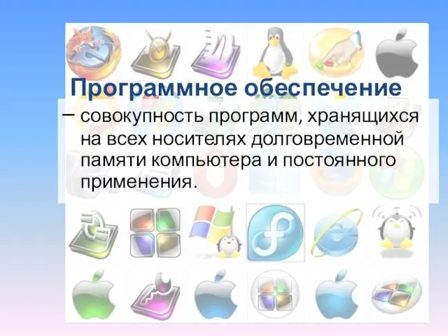 – совокупность программ, хранящихся на всех носителях долговременной памяти компьютера и постоянного применения. Программное обеспечение