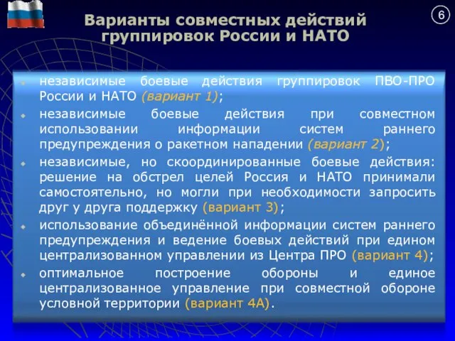Варианты совместных действий группировок России и НАТО независимые боевые действия группировок ПВО-ПРО
