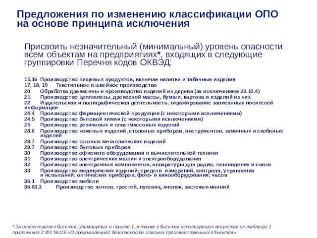 Присвоить незначительный (минимальный) уровень опасности всем объектам на предприятиях*, входящих в следующие