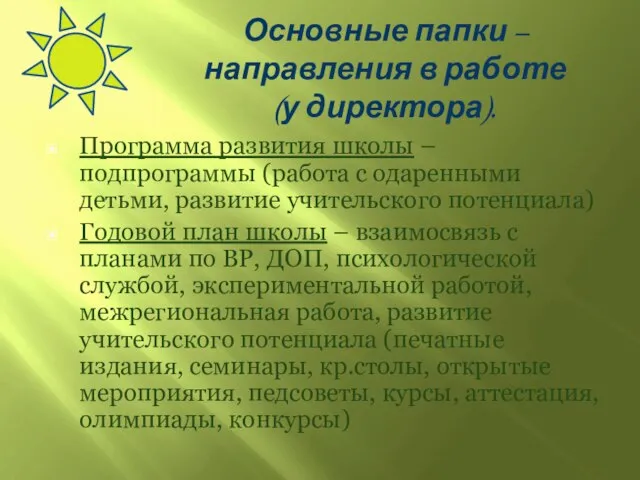 Основные папки – направления в работе (у директора). Программа развития школы –