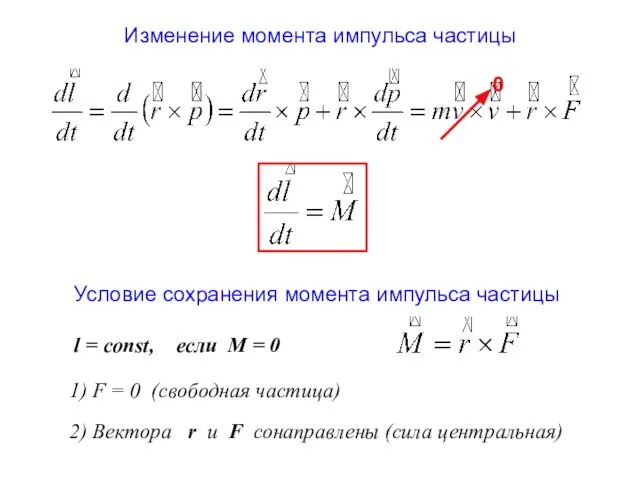 Изменение момента импульса частицы Условие сохранения момента импульса частицы 0 l =