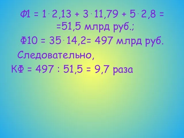 Ф1 = 1⋅2,13 + 3⋅11,79 + 5⋅2,8 = =51,5 млрд руб.; Ф10