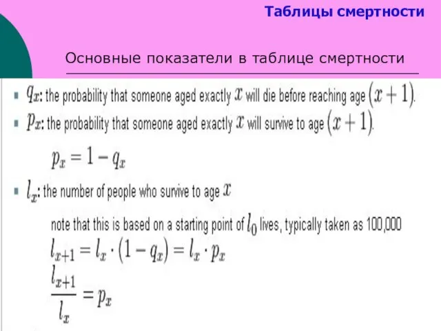 Таблицы смертности Основные показатели в таблице смертности