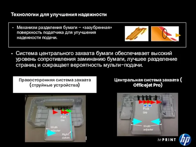 HP Confidential Технологии для улучшения надежности Механизм разделения бумаги – «зазубренная» поверхность