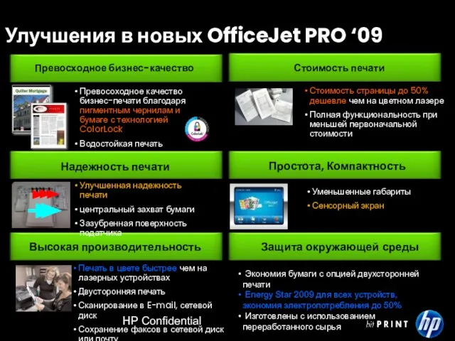 HP Confidential Улучшения в новых OfficeJet PRO ‘09 Высокая производительность Печать в