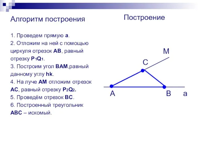 Алгоритм построения 1. Проведем прямую а. 2. Отложим на ней с помощью