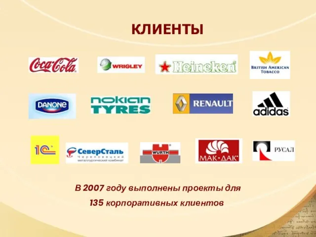 КЛИЕНТЫ В 2007 году выполнены проекты для 135 корпоративных клиентов