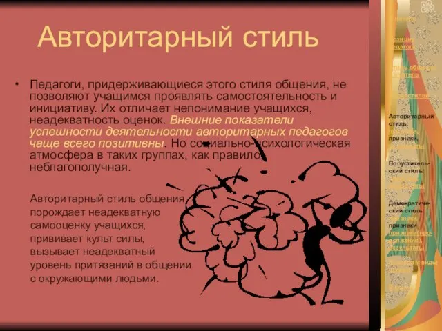 Авторитарный стиль Педагоги, придерживающиеся этого стиля общения, не позволяют учащимся проявлять самостоятельность