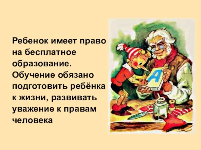 Ребенок имеет право на бесплатное образование. Обучение обязано подготовить ребёнка к жизни,