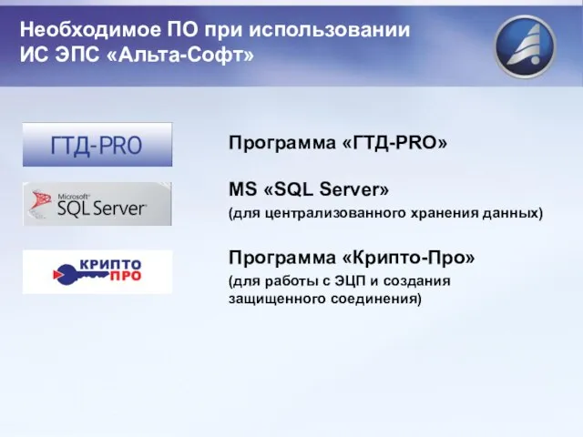 Программа «ГТД-PRO» MS «SQL Server» (для централизованного хранения данных) Программа «Крипто-Про» (для