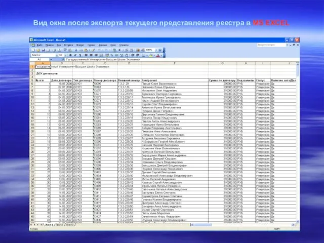 Вид окна после экспорта текущего представления реестра в MS EXCEL