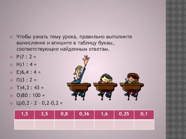 Чтобы узнать тему урока, правильно выполните вычисления и впишите в таблицу буквы,