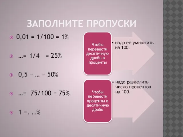 ЗАПОЛНИТЕ ПРОПУСКИ 0,01 = 1/100 = 1% …= 1/4 = 25% 0,5