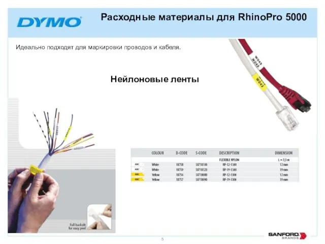 Расходные материалы для RhinoPro 5000 Идеально подходят для маркировки проводов и кабеля. Нейлоновые ленты