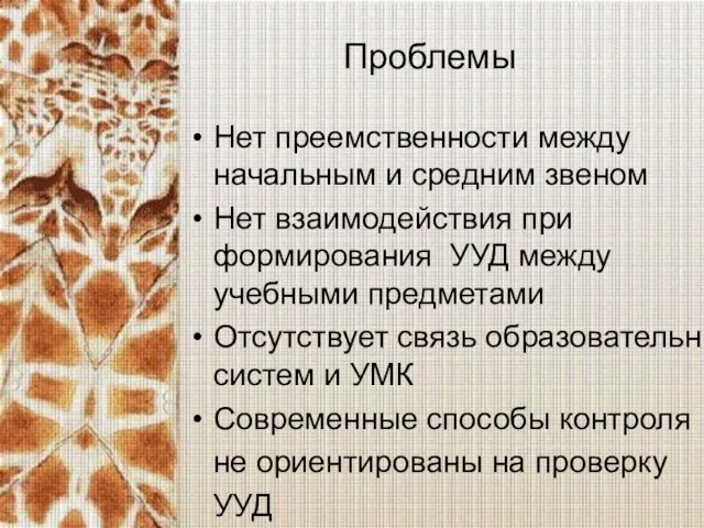 Проблемы Нет преемственности между начальным и средним звеном Нет взаимодействия при формирования