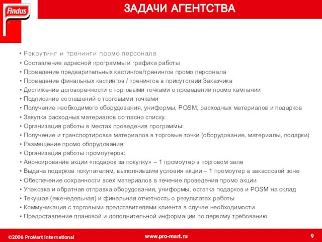 ЗАДАЧИ АГЕНТСТВА Рекрутинг и тренинги промо персонала Составление адресной программы и графика